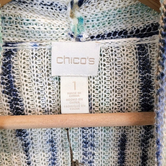 NWT Chico's Boho Linen Broken Stripe Cocoon Sweater Cardigan Medium Blue Cozy - Picture 15 of 16